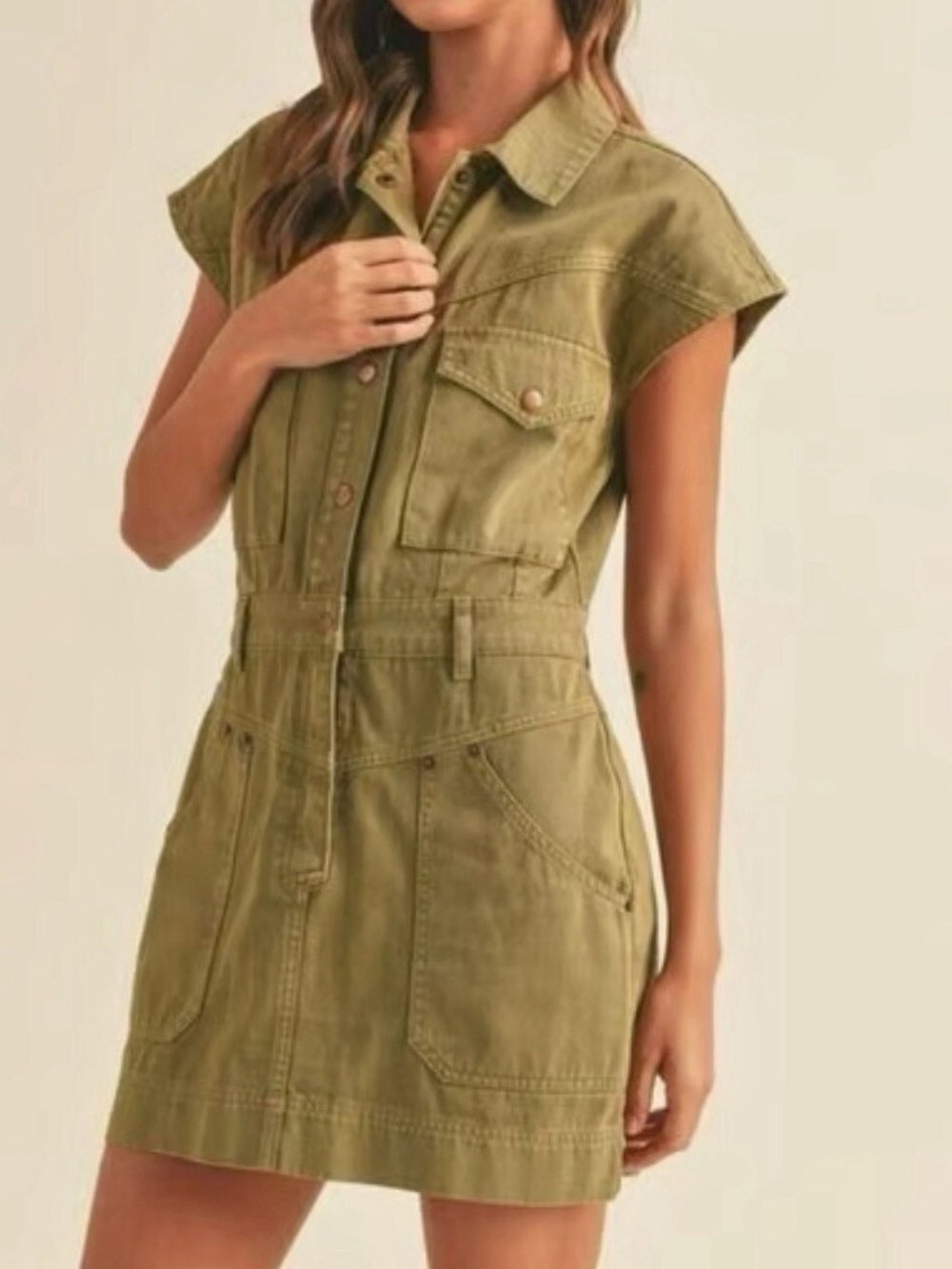 Miou Muse Sleeveless Utility Dress in Olive Green
